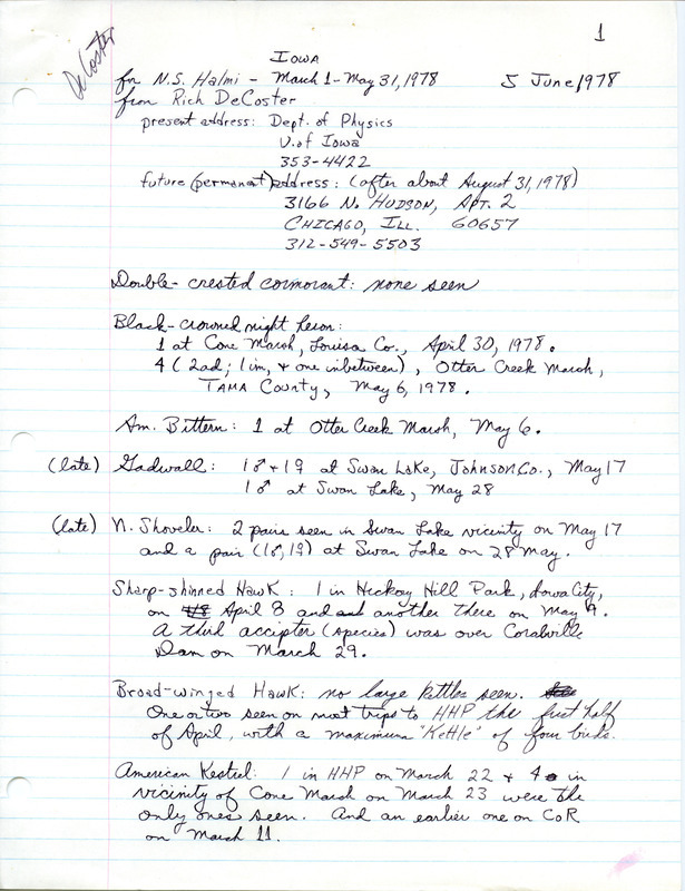 Letter from Rich DeCoster to Nicholas S. Halmi regarding bird sightings, June 5, 1978. A note regarding the sighting of a Yellow Rail at Cone March is underlined. This item was used as supporting documentation for the Iowa Ornithologists Union Quarterly field report of spring, 1978.