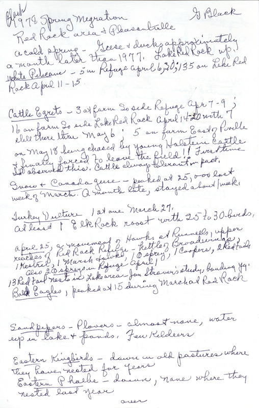 Field report of bird sightings titled "1978 spring migration, Red Rock Area and Pleasantville Township," submitted by Gladys Black. This item was used as supporting documentation for the Iowa Ornithologists Union Quarterly field report of spring, 1978.