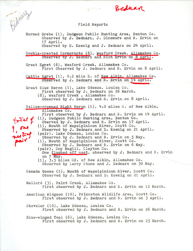 Spring field report submitted by James C. Bednarz. Noteworthy sightings have been underlined in red . This item was used as supporting documentation for the Iowa Ornithologists Union Quarterly field report of spring, 1978.