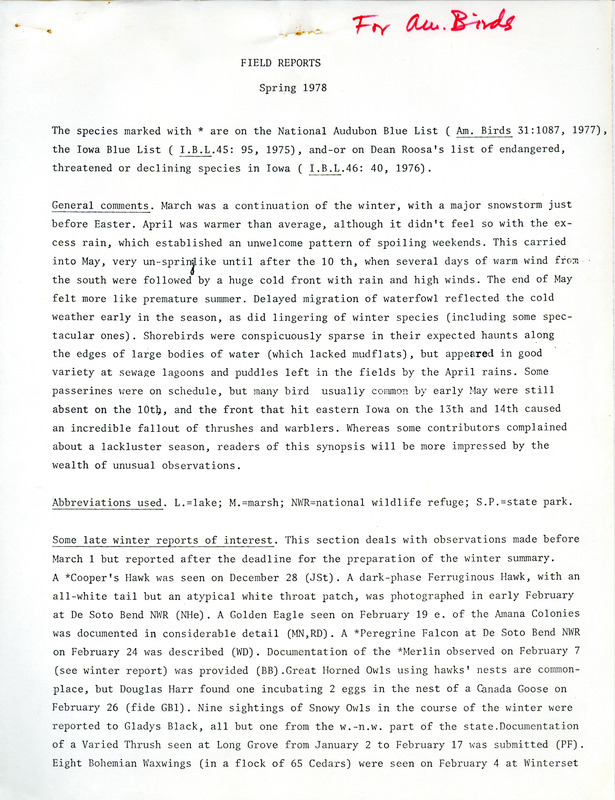 Quarterly field report for the spring of 1978. The report is a draft with numerous manual annotations.