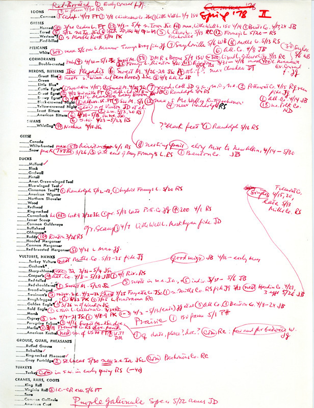 Bird sightings checklist, spring 1978. The document includes numerous annotations. This item was used as supporting documentation for the Iowa Ornithologists' Union Quarterly field report of spring 1978.