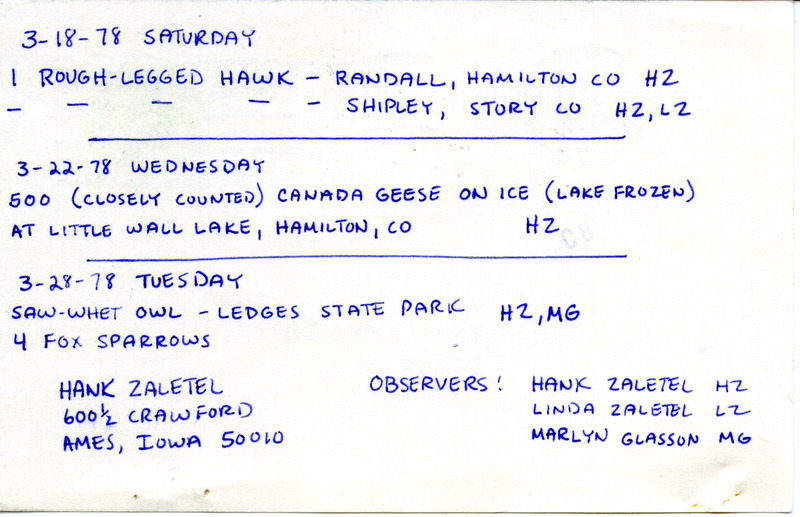 Letter from Hank Zaletel regarding bird sightings to Nicholas S. Halmi, March 18, 1978. The observers were Hank Zaletel, Linda Zaletel, and Marilyn Smith Glasson. This item was used as supporting documentation for the Iowa Ornithologists Union Quarterly field report of spring, 1978.