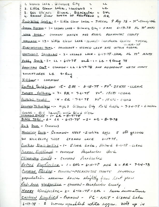 Field report of summer bird sightings, titled "report from Raymond Cummins." This item was used as supporting documentation for the Iowa Ornithologists Union Quarterly field report of summer, 1978.