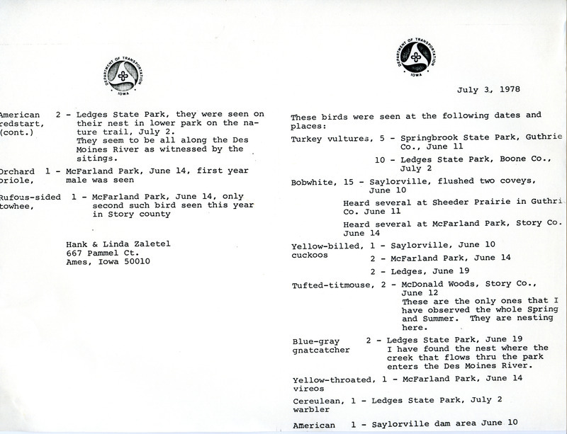 Field notes, July 3, 1978, submitted by Hank and Linda Zaletel. This item was used as supporting documentation for the Iowa Ornithologists Union Quarterly field report of summer, 1978.