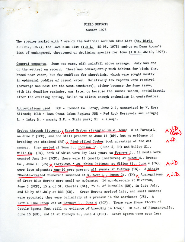 Quarterly field report for the summer of 1978. The general comments section mentions the unusually high amount of rainfall that year and its effect on bird habitats. The report is a draft with numerous manual annotations.