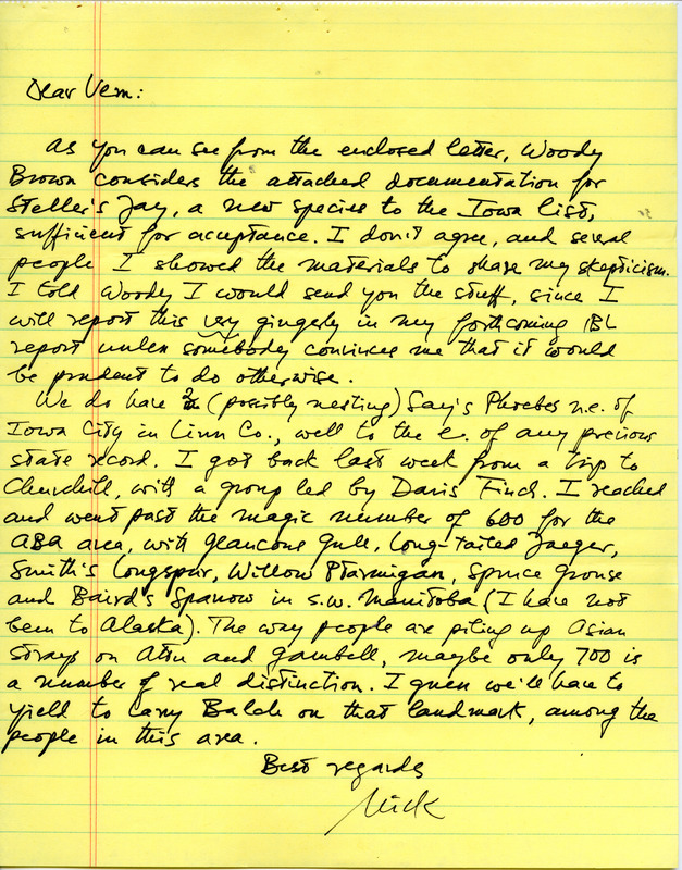 Two letters from Nicholas S. Halmi to Vernon M. Kleen regarding bird sightings made by volunteers and the publication of the summer report. One is dated August 8. This item was used as supporting documentation for the Iowa Ornithologists Union Quarterly field report of summer, 1978.