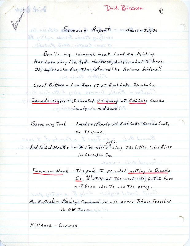 Field report titled "Summer report, June 1-July 30," submitted by Dick Bierman. Underlined notes mention the sightings of 47 young geese at Rush Lake in Osceola County and a pair of Swainson's Hawks nesting in Osceola County. This item was used as supporting documentation for the Iowa Ornithologists Union Quarterly field report of summer, 1978.