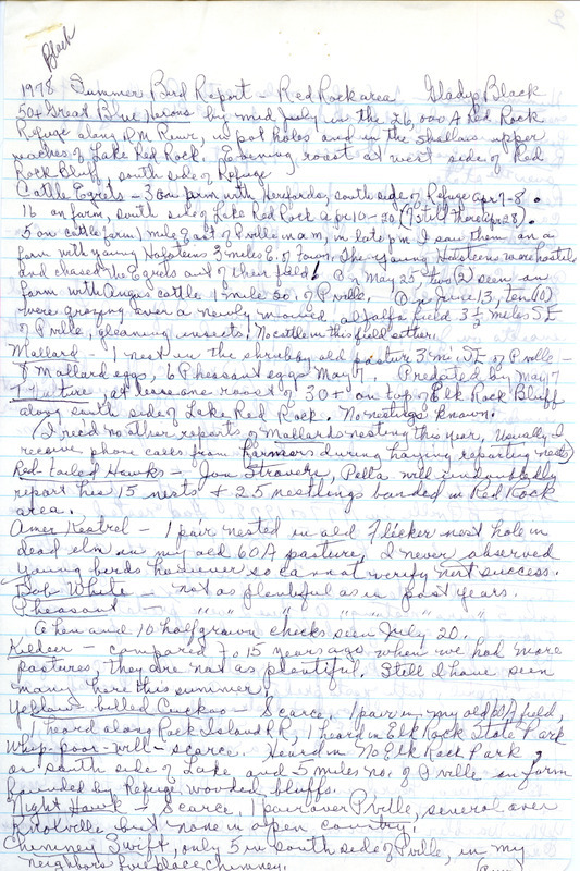 Field report titled "1978 summer bird report, Red Rock area," submitted by Gladys Black. This item was used as supporting documentation for the Iowa Ornithologists Union Quarterly field report of summer, 1978.