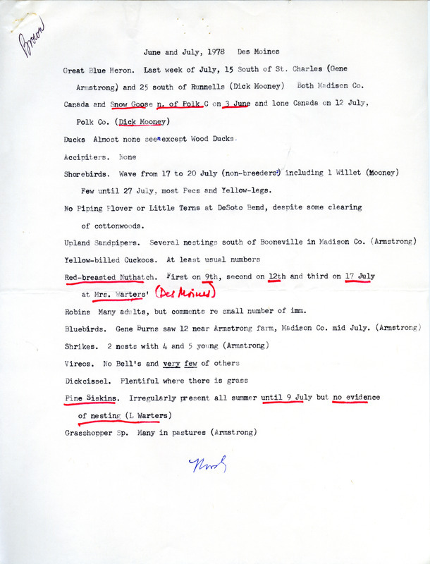 Letter from Woodward H. Brown to Nicholas S. Halmi regarding bird sightings, July 8, 1978. The possibility of Stellar Jay sightings is also discussed. This item was used as supporting documentation for the Iowa Ornithologists Union Quarterly field report of summer, 1978.