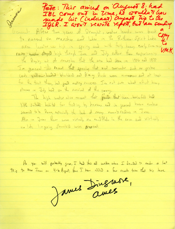 Field reports for the summer of 1978, submitted by James J. Dinsmore. Weather reports and the impact made are also discussed.This item was used as supporting documentation for the Iowa Ornithologists Union Quarterly field report of summer, 1978.