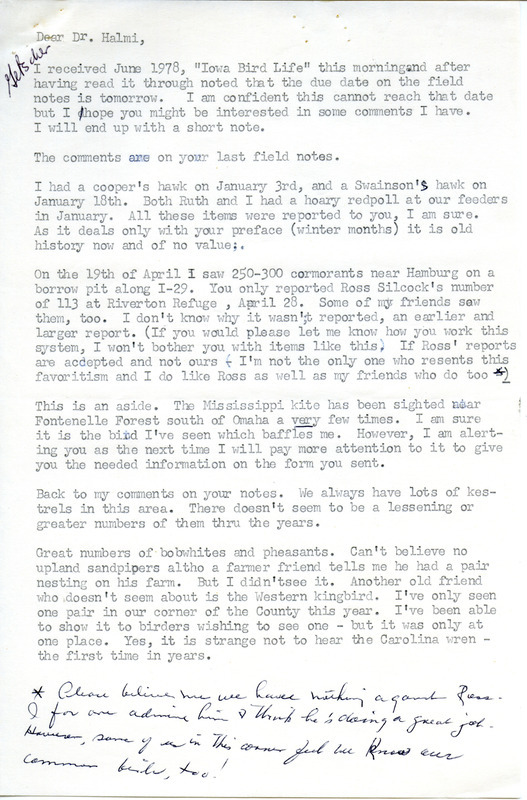 Letter from Ione Getscher to Nicholas S. Halmi regarding bird sightings. This item was used as supporting documentation for the Iowa Ornithologists Union Quarterly field report of summer, 1978.