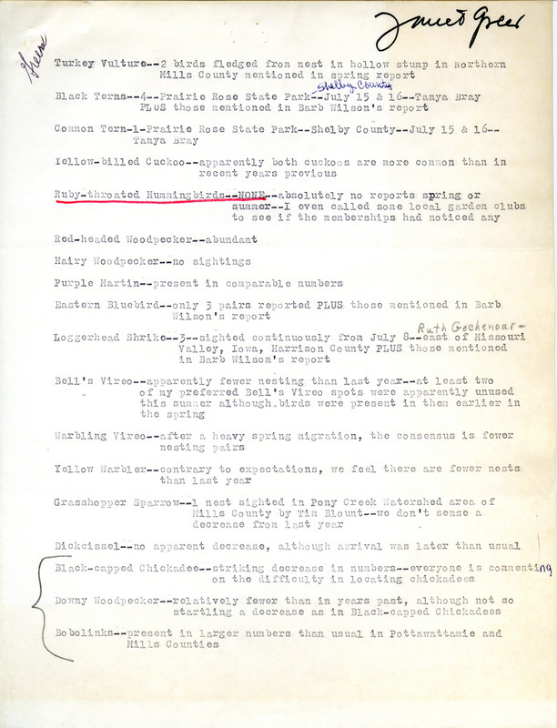 Field report for the summer of 1978 submitted by Janet G. Greer. A note regarding the absence of sightings of Ruby-throated Hummingbirds during the spring and summer of that year is underlined. This item was used as supporting documentation for the Iowa Ornithologists Union Quarterly field report of summer, 1978.