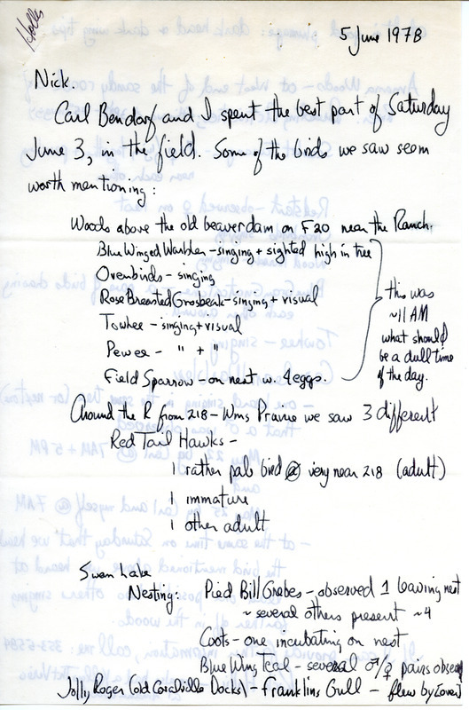 Letter from Richard Jule Hollis to Nicholas S. Halmi regarding bird sightings, June 5, 1978. This item was used as supporting documentation for the Iowa Ornithologists Union Quarterly field report of summer, 1978.