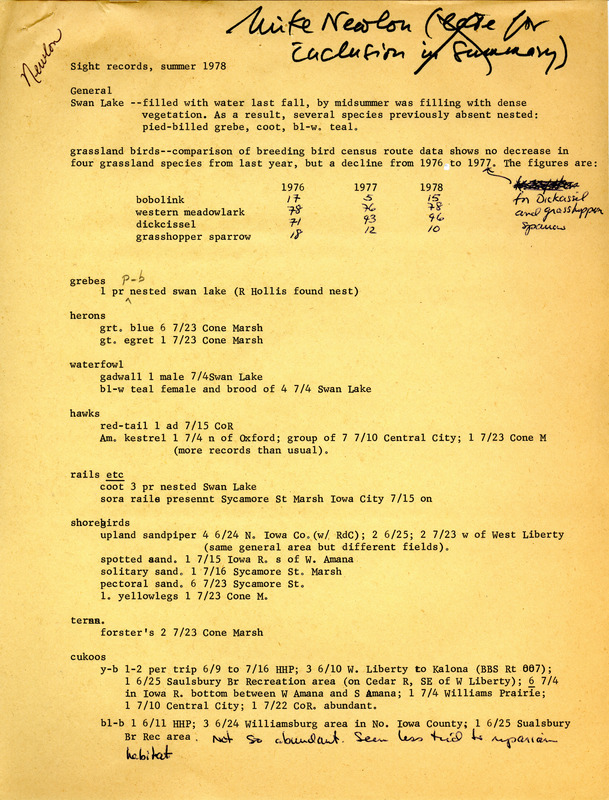 Field report titled "sight records, summer 1978," submitted by Michael C. Newlon. This item was used as supporting documentation for the Iowa Ornithologists Union Quarterly field report of summer, 1978.