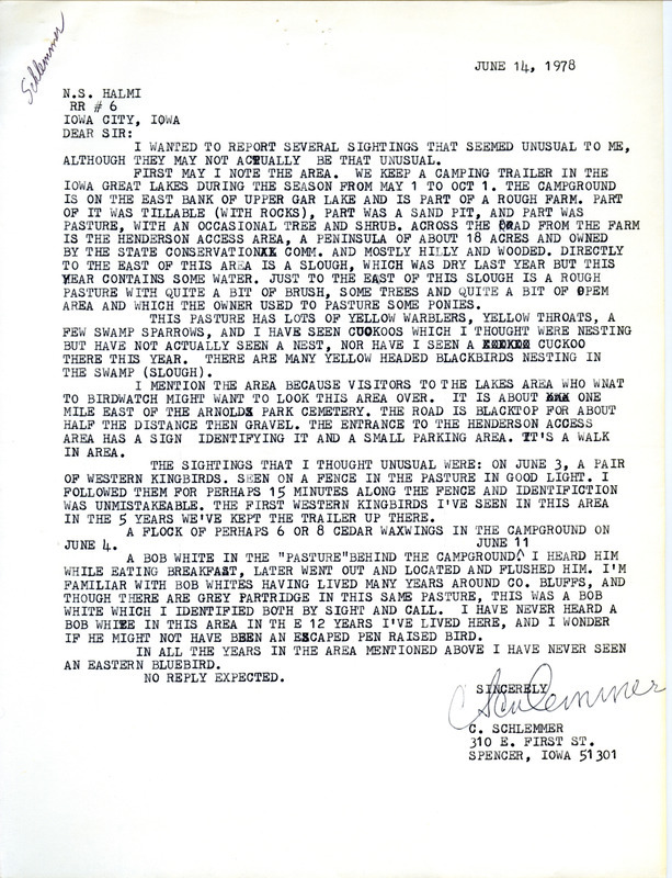 Letter from Conrad F. Schlemmer to Nicholas S. Halmi regarding bird sightings, June 14, 1978. The author discussed sightings near Upper Gar Lake that he felt may have been unusual. This item was used as supporting documentation for the Iowa Ornithologists Union Quarterly field report of summer, 1978.