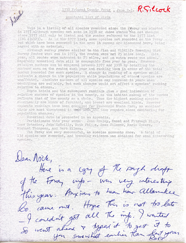 An account of the 1978 Fremont County Foray, submitted by Ross W. Silcock. The foray involved several bird watchers active in the area on various dates between June 2 and June 7, 1978. The observation of breeding is discussed throughout the item. This item was used as supporting documentation for the Iowa Ornithologists' Union Quarterly Report of summer 1978.