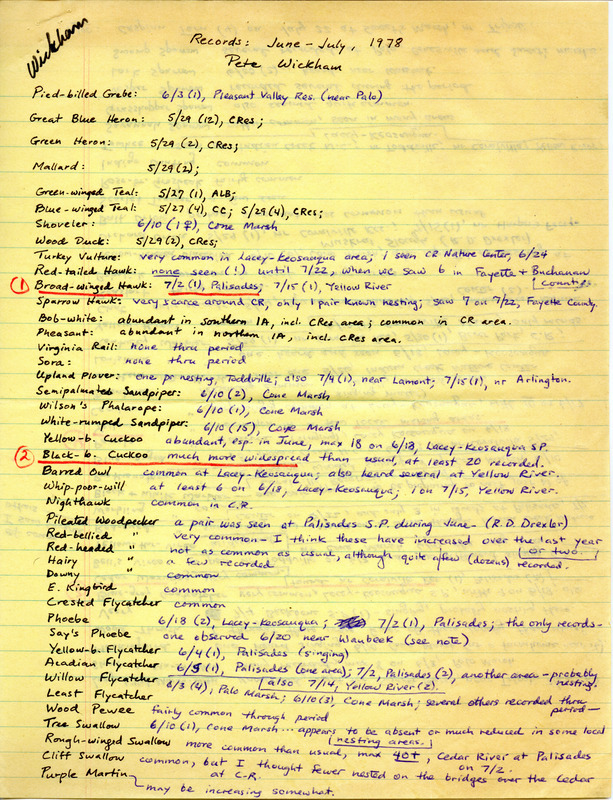 Letter between Vernon M. Kleen and Nicholas S. Halmi regarding field notes sent in by Pete Wickham, June 1978. This item was used as supporting documentation for the Iowa Ornithologists Union Quarterly field report of summer, 1978.