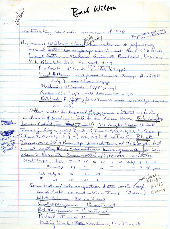 Field notes titled "Interesting records, summer of 1978," submitted by Barbara L. Wilson. This item was used as supporting documentation for the Iowa Ornithologists Union Quarterly field report of summer, 1978.