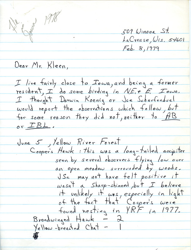 Letter from Fred Lesher to Vernon M. Kleen regarding bird sightings, February 8, 1979. The sightings were made at Yellow River State Forest and Effigy Mounds National Monument. A note mentions that the Cooper's Hawk seen at Yellow River State Forest may have been a Sharp-shinned Hawk. This item was used as supporting documentation for the Iowa Ornithologists Union Quarterly field report of fall, 1978.