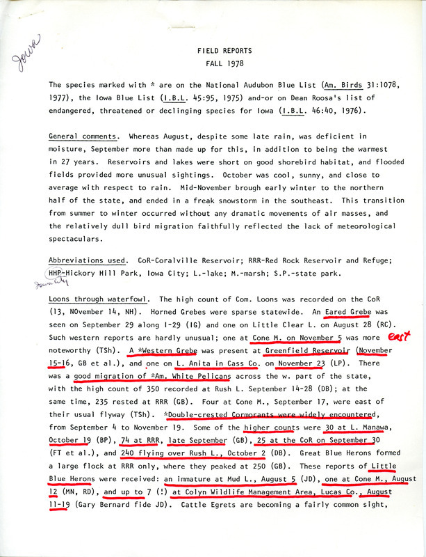 Quarterly field report for the fall of 1978. The general comments section discusses the impact of the fall weather on bird habitats, in particular, the effect of precipitation on shorebirds. The report is a draft with numerous manual annotations.