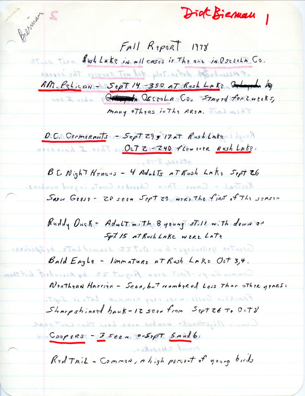 Field report for the fall of 1978, submitted by Dick Bierman. A note mentions the sighting of Swainson Hawk young, that were apparently killed in strong winds and hail. This item was used as supporting documentation for the Iowa Ornithologists' Union Quarterly field report of fall 1978.