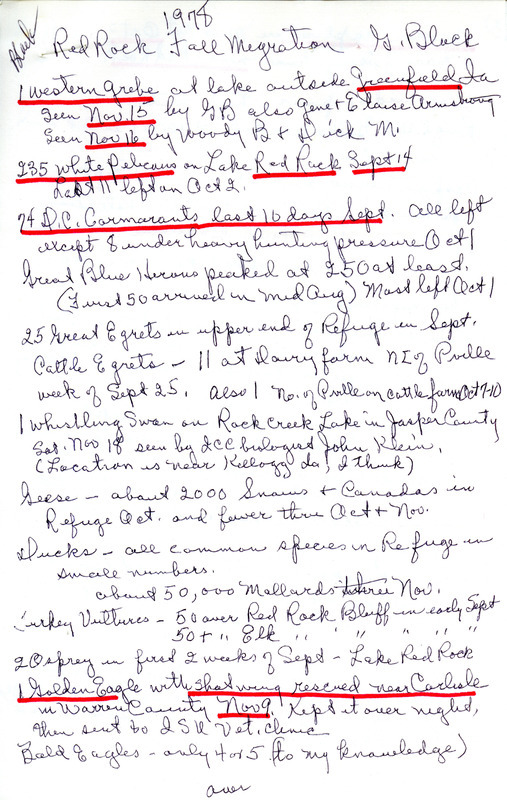 Gladys Black's field report titled "1978 Red Rock Fall Migration" and letter to Nicholas S. Halmi regarding the reporting of rare bird sightings by volunteers, October 7, 1978. This item was used as supporting documentation for the Iowa Ornithologists' Union Quarterly field report of fall 1978.