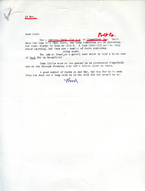 Letter from Woodward H. Brown to Nicholas S. Halmi regarding bird sightings, November 16, 1978. The Item includes a field report titled "Fall 1978, Des Moines." This item was used as supporting documentation for the Iowa Ornithologists' Union Quarterly field report of fall 1978.