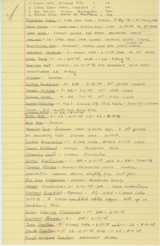 Field reports submitted by Raymond L. Cummins. Many of the sightings were made in Pocahontas County. The sighting of a Western Kingbird is underlined. This item was used as supporting documentation for the Iowa Ornithologists' Union Quarterly field report of fall 1978.