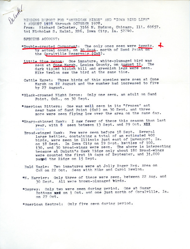 Field report titled "Birding report for "American Birds" and "Iowa Bird Life" 1 August 1978 through October 1978," submitted by Rich DeCoster. Notes underlined mention the sighting of a Double-crested Cormorant and Vesper Sparrow in Coralville as well as a Little Blue Heron at Cone March. This item was used as supporting documentation for the Iowa Ornithologists' Union Quarterly field report of fall 1978.