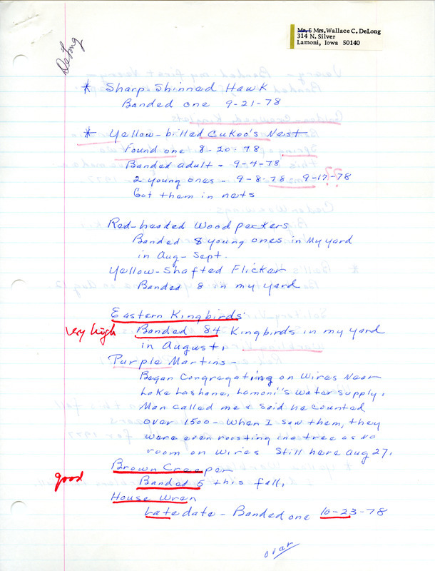 Field report of bird banding and sightings by Genevieve DeLong. An annotation notes that the Sparrow migration for that year was poor. This item was used as supporting documentation for the Iowa Ornithologists' Union Quarterly field report of fall 1978.