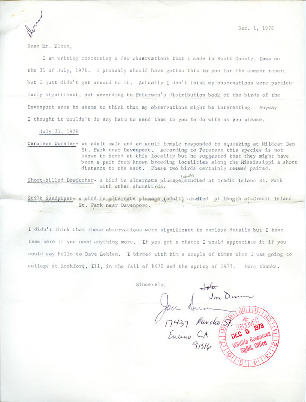 James J. Dinsmore letter to Vernon M. Kleen regarding bird sightings, December 1, 1978. Sightings mentioned in the letter are a Cerulean Warbler at Wildcat Den State Park and a Short-Billed Dowitcher and Stilt Sandpiper at Credit Island. This item was used as supporting documentation for the Iowa Ornithologists' Union Quarterly Field Report of fall 1978.