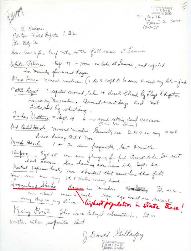 Letter from Donald J. Gillaspey to Nicholas S. Halmi regarding bird sightings, December 1, 1978. Sightings were made in Lamoni. An annotation is made regarding the local population of Loggerhead Shrikes. This item was used as supporting documentation for the Iowa Ornithologists' Union Quarterly Field Report of fall 1978.