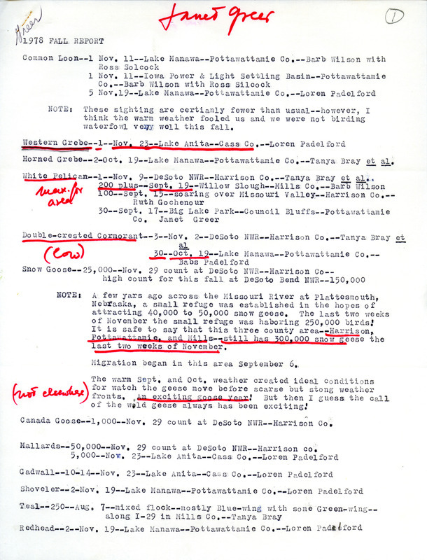 1978 fall report submitted by Janet G. Greer. Document discusses the sightings as well as other information such as population and migrations, of various species. This item was used as supporting documentation for the Iowa Ornithologists' Union Quarterly Field Report of fall 1978.