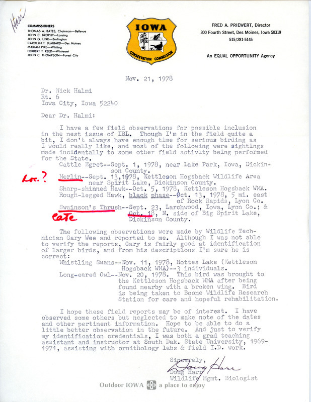 Letter from Douglas H. Pratt to Nicholas S. Halmi regarding bird sightings, November 21, 1978. Some of the sightings were made by Gary Wee. This item was used as supporting documentation for the Iowa Ornithologists' Union Quarterly Field Report of fall 1978.