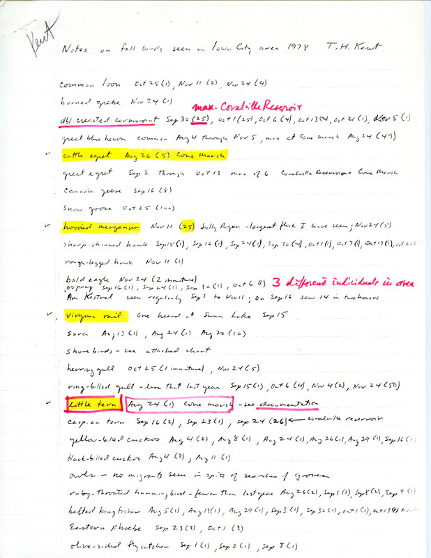 Field report titled "notes on fall birds seen in Iowa City area 1978," submitted by Thomas H. Kent. The item includes a checklist of bird sightings. An annotation highlights the lack of Golden-crowned Kinglets found. This item was used as supporting documentation for the Iowa Ornithologists' Union Quarterly field report of fall 1978.