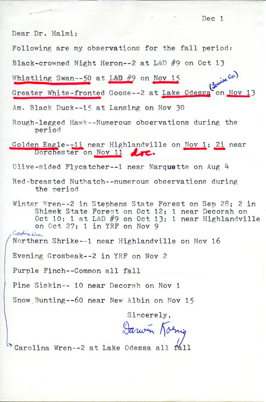 Letter from Darwin Koenig to Nicholas S. Halmi regarding bird sightings, December 1, 1978. This item was used as supporting documentation for the Iowa Ornithologists' Union Quarterly field report of fall 1978.