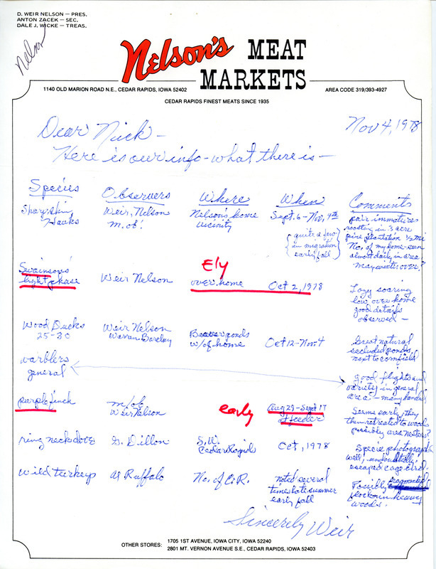 Letter from Weir Nelson to Nicholas S. Halmi regarding bird sightings, November 4, 1978. This item was used as supporting documentation for the Iowa Ornithologists' Union Quarterly field report of fall 1978.