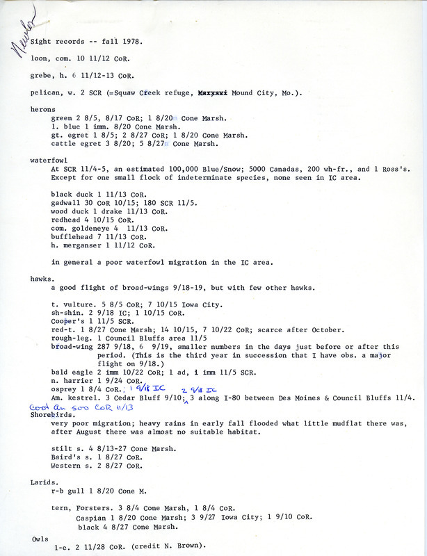 Field report titled "sight records, fall 1978," submitted by Michael C. Newlon. This item was used as supporting documentation for the Iowa Ornithologists' Union Quarterly field report of fall 1978.