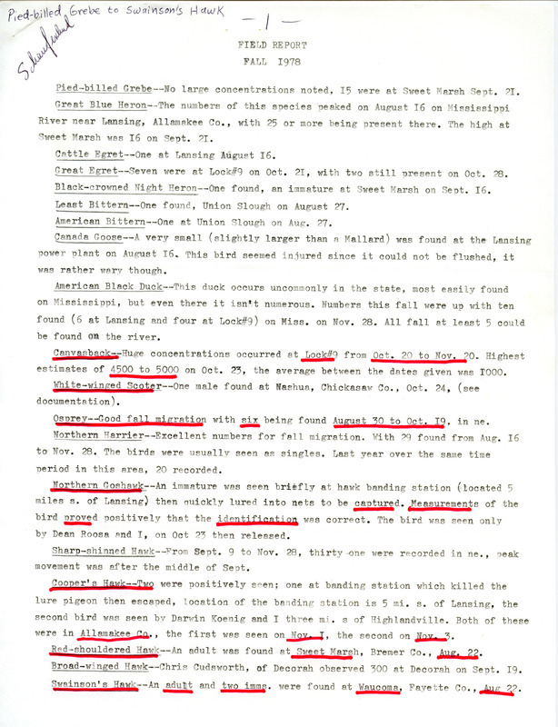 Field report for the fall of 1978, submitted by Joseph P. Schaufenbuel. This item was used as supporting documentation for the Iowa Ornithologists' Union Quarterly field report of fall 1978.