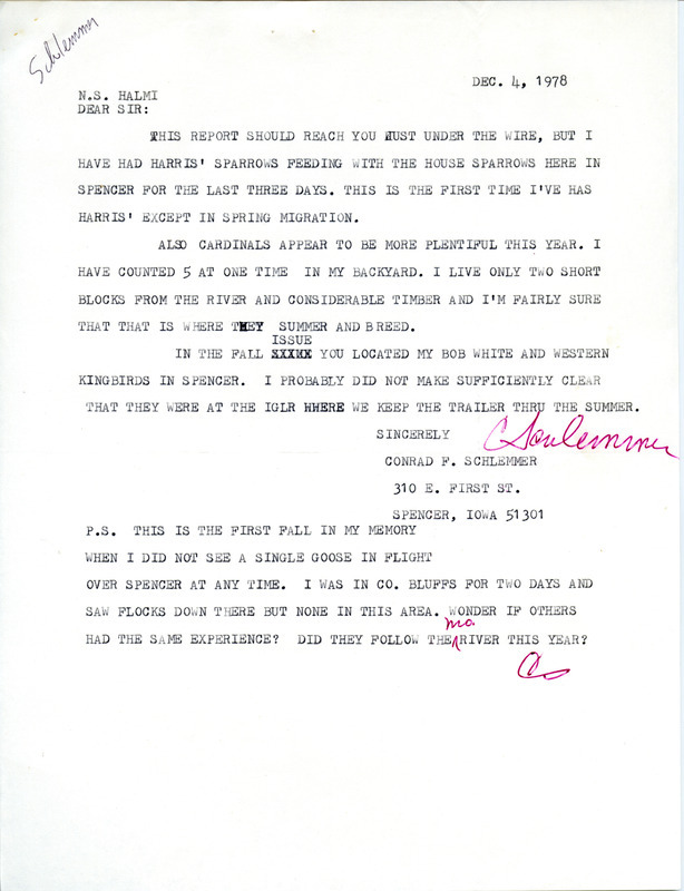 Letter from Conrad F. Schlemmer to Nicholas S. Halmi regarding bird sightings, December 4, 1978. This item was used as supporting documentation for the Iowa Ornithologists' Union Quarterly field report of fall 1978.