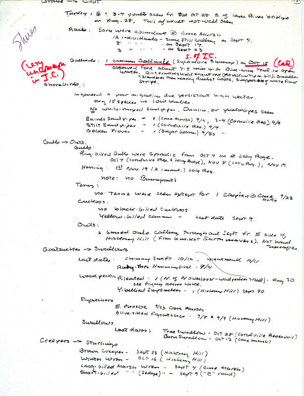 Report of bird sightings from various trips during the fall of 1978, submitted by Thomas K. Shires. This item was used as supporting documentation for the Iowa Ornithologists' Union Quarterly field report of fall 1978.