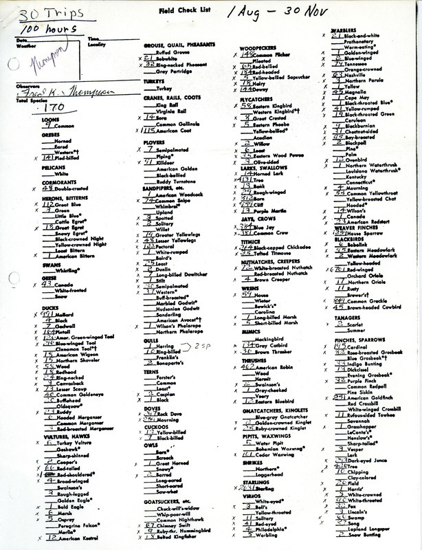 Field Checklist from August 1 to November 30, 1978, submitted by Fred K. Thompson. An annotation questions the accuracy of the sighting of 37 Western Sandpipers. This item was used as supporting documentation for the Iowa Ornithologists' Union Quarterly field report of fall 1978.