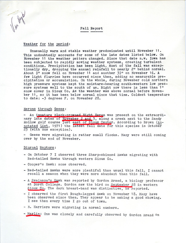 Field notes titled "fall report" submitted by John Van Dyk. Includes notes on the weather for that period. An annotation highlights a note discussing Sparrow migration. This item was used as supporting documentation for the Iowa Ornithologists' Union Quarterly field report of fall 1978.