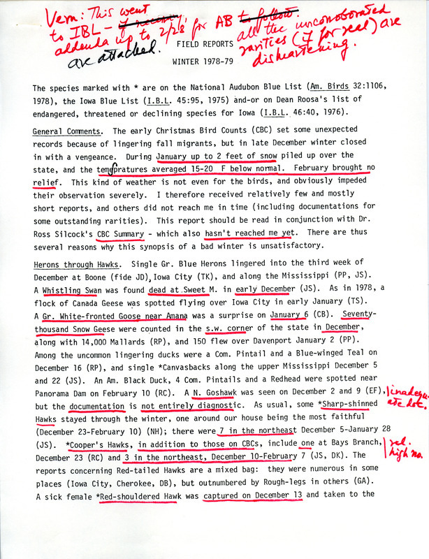 Quarterly field report for the winter of 1978-1979. The report contains a winter addenda adding significant information received after February 15, 1979.