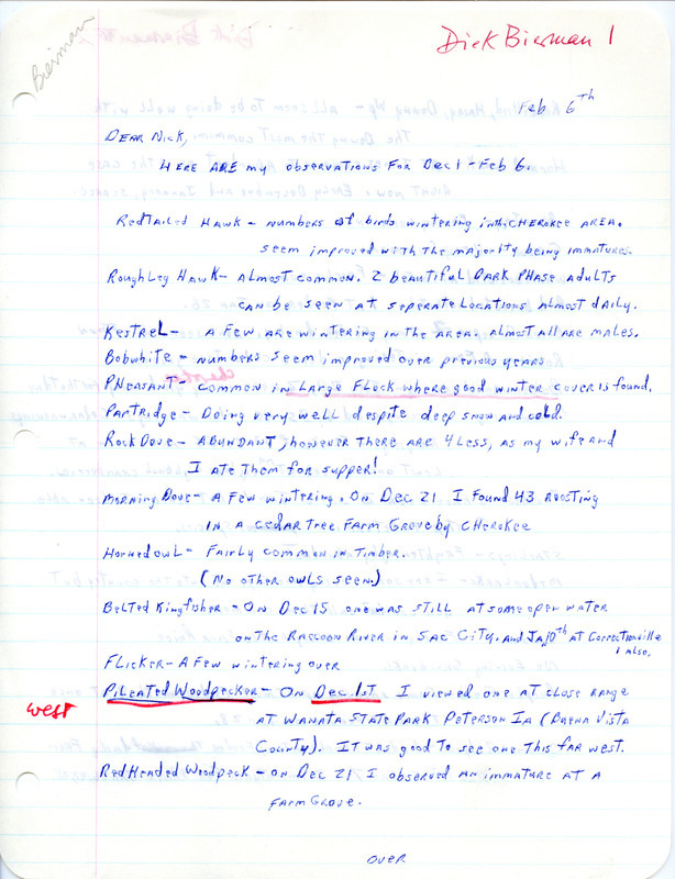 Letter from Dick Bierman to Nicholas S. Halmi regarding winter bird sightings, February 6, 1979. Sightings of Pileated Woodpecker and Bohemian Waxwings are underlined in red. This item was used as supporting documentation for the Iowa Ornithologists' Union Quarterly field report of winter 1978-1979.