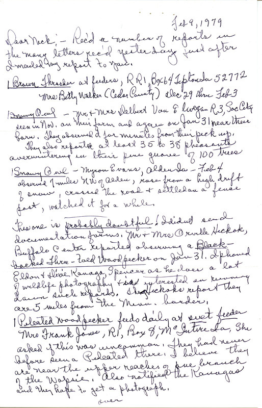 Letter from Gladys Black to Nicholas S. Halmi providing additional statewide bird sightings, February 9, 1979. This item was used as supporting documentation for the Iowa Ornithologists' Union Quarterly field report of winter 1978-1979.