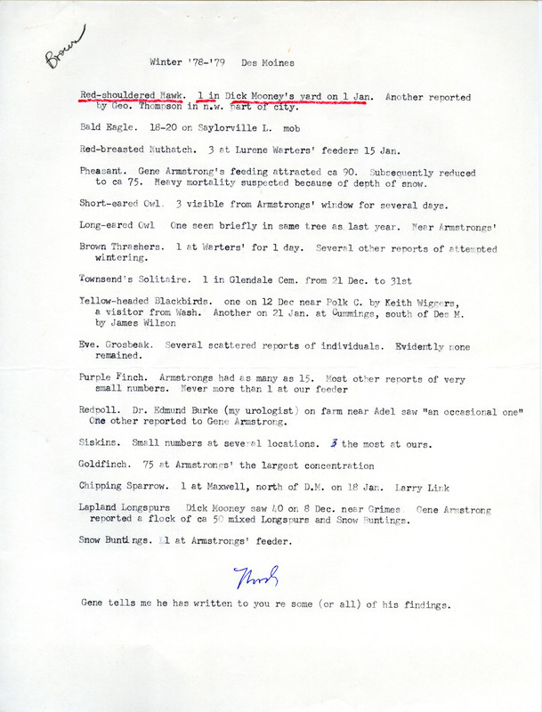 Winter report of birds found in and around the Des Moines area contributed by Woodward H. Brown. The sighting of a Red-shouldered Hawk is underlined in red. This item was used as supporting documentation for the Iowa Ornithologists' Union Quarterly field report winter of 1978-1979.