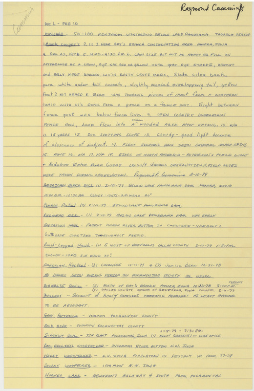 1978-1979 winter field report contributed by Raymond L. Cummins. This item was used as supporting documentation for the Iowa Ornithologists' Union Quarterly field report of winter 1978-1979.