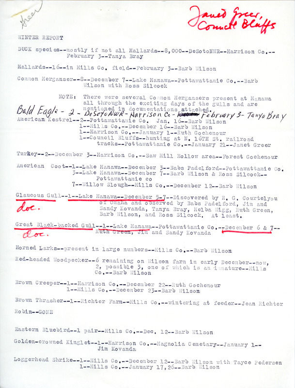 Winter report of birds found in Mills, Pottawattamie, and Harrison counties as well as at Lake Manawa contributed by Janet G. Greer. This item was used as supporting documentation for the Iowa Ornithologists' Union Quarterly field report of winter 1978-1979.