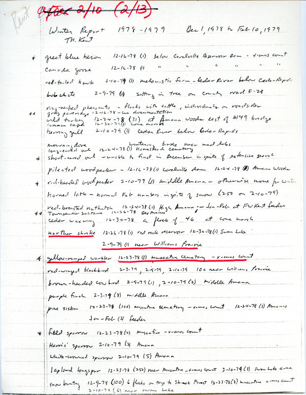 Winter field report contributed by Thomas H. Kent. Sightings of Northern Shrike and Yellow-rumped Warbler are underlined in red. This item was used as supporting documentation for the Iowa Ornithologists' Union Quarterly field report of winter 1978-1979.